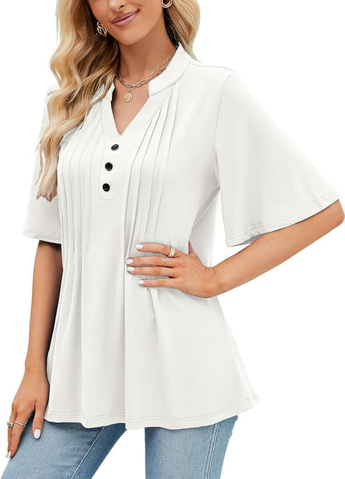 Women's Floral Print Short Ruffle Sleeve Pleated Front V Neck Button Tunic Tops