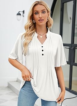 Women's Floral Print Short Ruffle Sleeve Pleated Front V Neck Button Tunic Tops